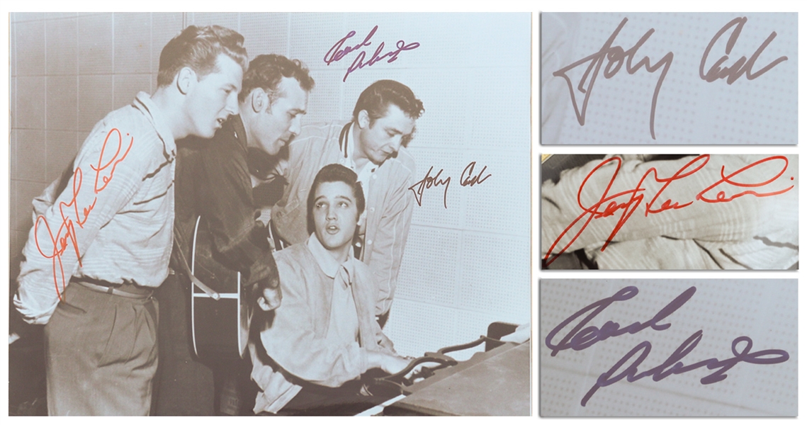 Jerry Lee Lewis, Johnny Cash & Carl Perkins Signed 14 x 11 Photo of the Million Dollar Quartet Jam Session With Elvis Presley